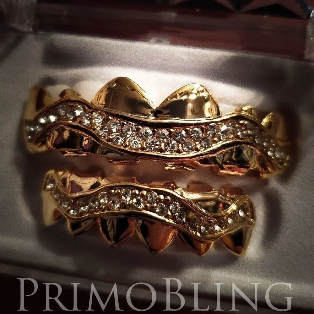 14k Gold Plated Iced Out Wavy Hip Hop Grillz Set